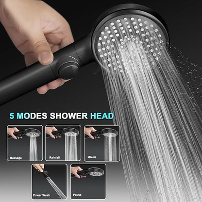 FOCSPROD RV Shower Head with Hose, High Pressure 5 Mode Shower Head Replacement, Handheld Showerhead for RV/Campers, Travel Trailer for Water Saving, Showerheads Holder and Hose, On Off Switch, Black