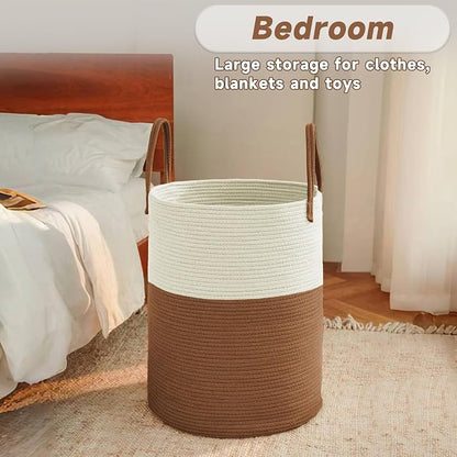 JMvicyroam 60L Cotton Rope Laundry Basket Hamper, White and Brown | Collapsible laundry basket, reinforced handles, freestanding, machine washable, holds 3-5 thick blankets, clothes or toys