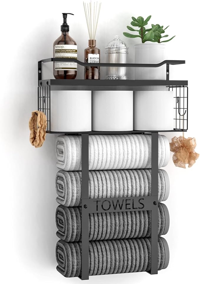 Wall Mounted Towel Rack for Bathroom - Bath Storage Holder Set Above Toilet, Rolled Towel Shelf Organizer, Wood Vertical Rack for Small Bathroom Decor, Black