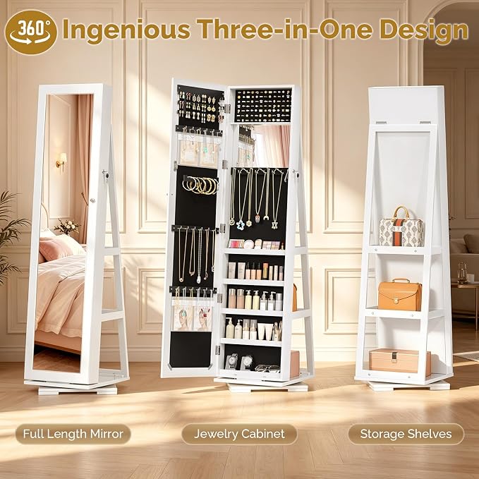 Bonnlo 360° Swivel Jewelry Mirror Cabinet with Inside Makeup Mirror,Full Length Mirror with Jewelry Storage, Lockable Standing Jewelry Armoire Organizer, Espejo Oon Almacenamiento for Bedroom,White