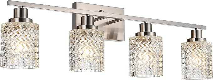MELUCEE 4 Lights Brushed Nickel Vanity Light with Hammered Glass Shade | Indoor Metal Bathroom Light Fixtures Wall Lights for Powder Room Hallway Kitchen, E26 Base