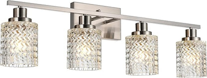 MELUCEE 4 Lights Brushed Nickel Vanity Light with Hammered Glass Shade | Indoor Metal Bathroom Light Fixtures Wall Lights for Powder Room Hallway Kitchen, E26 Base