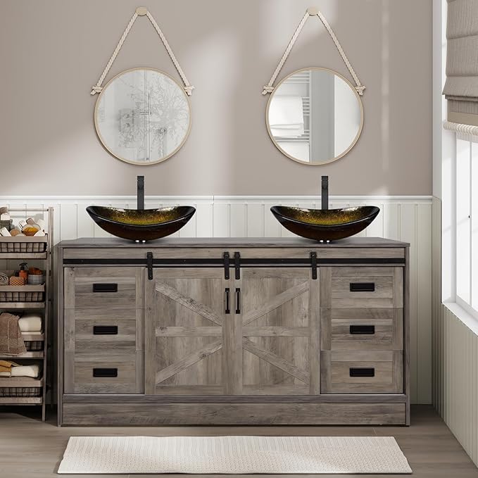 60" Barn Door Bathroom Vanity with 6 Drawers and Two Doors, Farmhouse Style Standing Pedestal Cabinet with Two Gold Boat Glass Vessel Sinks