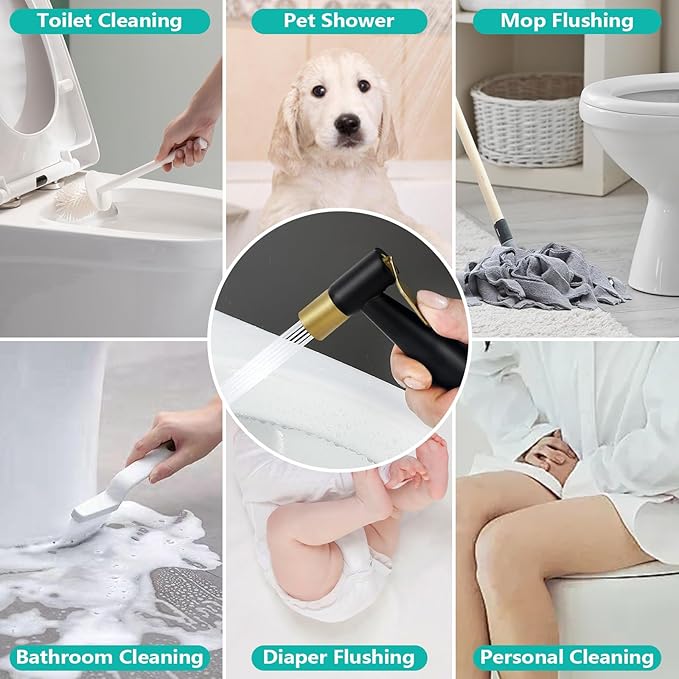 BARROCK Handheld Bidet Sprayer for Toilet, Stainless Steel Metal Made Baby Cloth Diaper Spraying Kit, Bathroom Toilet Bidet Attachment Set for Bathing Pets and Feminine Washing,Matte Black and Gold