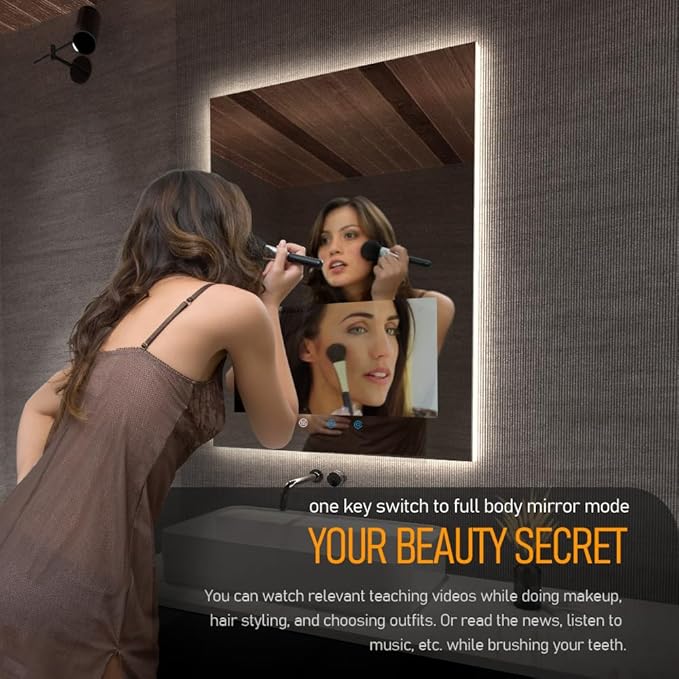 32"x24" Smart Waterproof Anti-Fog Vanity Mirror with 21.5" Touch Screen TV | Adjustable 3-Color LED, Bluetooth/WiFi/HDMI, Android OS, Streaming Apps, For Bathroom & Bedroom