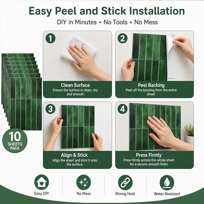 JOLOV 10 Pack Peel and Stick Backsplash Tiles, Waterproof 3D Stickers | Thicker self-adhesive 3D tile stickers for kitchen and bathroom walls; removable, waterproof and easy to install.