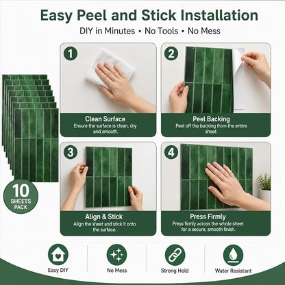 JOLOV 10 Pack Peel and Stick Backsplash Tiles, Waterproof 3D Stickers | Thicker self-adhesive 3D tile stickers for kitchen and bathroom walls; removable, waterproof and easy to install.