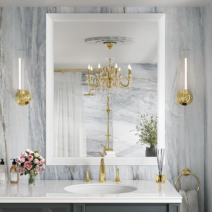 Bathroom Mirror for Wall, 28x36 Inch (White) | HD Reflection, Tempered Glass, Thick Metal Framed Rectangle Mirrors for Over Sink, Bedroom, Living Room, Entryway