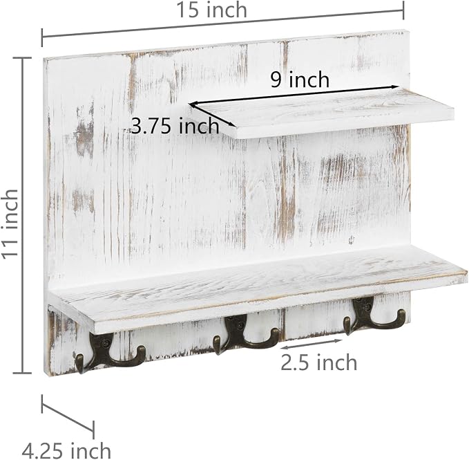 MyGift 2 Tier Wall Mounted Shabby White Washed Solid Wood Bathroom Storage Shelves, Decorative Entryway Floating Shelf Rack with 6 Hooks for Hanging Towels | Shabby Chic Finish, Six Hanging Points, Two Level Design, Space Saving Solution, Rustic Home A...