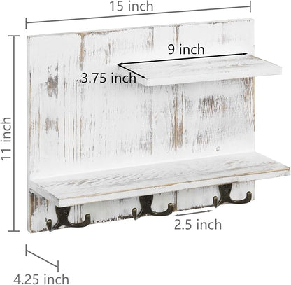 MyGift 2 Tier Wall Mounted Shabby White Washed Solid Wood Bathroom Storage Shelves, Decorative Entryway Floating Shelf Rack with 6 Hooks for Hanging Towels | Shabby Chic Finish, Six Hanging Points, Two Level Design, Space Saving Solution, Rustic Home A...