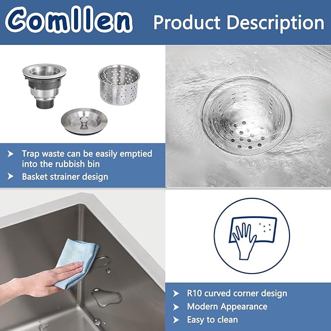 Comllen 28 Inch Undermount Kitchen Sink, 28x18 Inch Undermount 18 Gauge Stainless Steel Deep Kitchen Sinks, Brushed Nickel Single Bowl RV Laundry Utility Sink