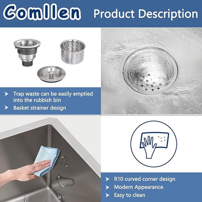 Comllen 28 Inch Undermount Kitchen Sink, 28x18 Inch Undermount 18 Gauge Stainless Steel Deep Kitchen Sinks, Brushed Nickel Single Bowl RV Laundry Utility Sink