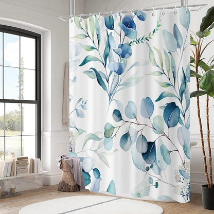 Blue Eucalyptus Leaf Shower Curtain, Blue Botanical Watercolor Plants Bathroom Curtain Bathtub Home Decor Waterproof Fabric Machine Washable with 12 PCS Hooks,60" Wx72 L