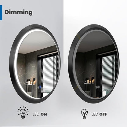 36 Inch Round LED Mirror for Bathroom, Black Metal Frame Lighted Vanity Mirror with 3 Color Modes, Touch Dimmer - Anti-Fog Wall Mounted Circle Mirror with Lights - Fab Glass and Mirror