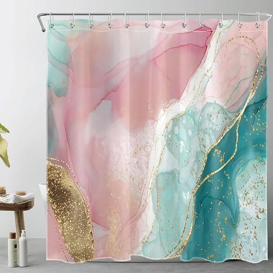 HVEST Pink Marble Shower Curtain for Bathroom,Turquoise Marble Luxury Shower Curtain with Hooks,Modern White and Gold Abstract Bathroom Shower Curtain Set Bathroom Decor,72L X 72W inches