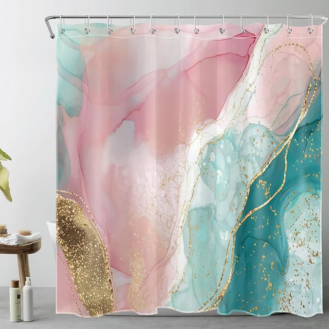 HVEST Modern Marble Shower Curtain with Hooks,Pink and Gold Marble Abstract Shower Curtain for Bathroom,Blue Marble Bathroom Curtains Shower Set Bathroom Decorations,78L X 72W inches