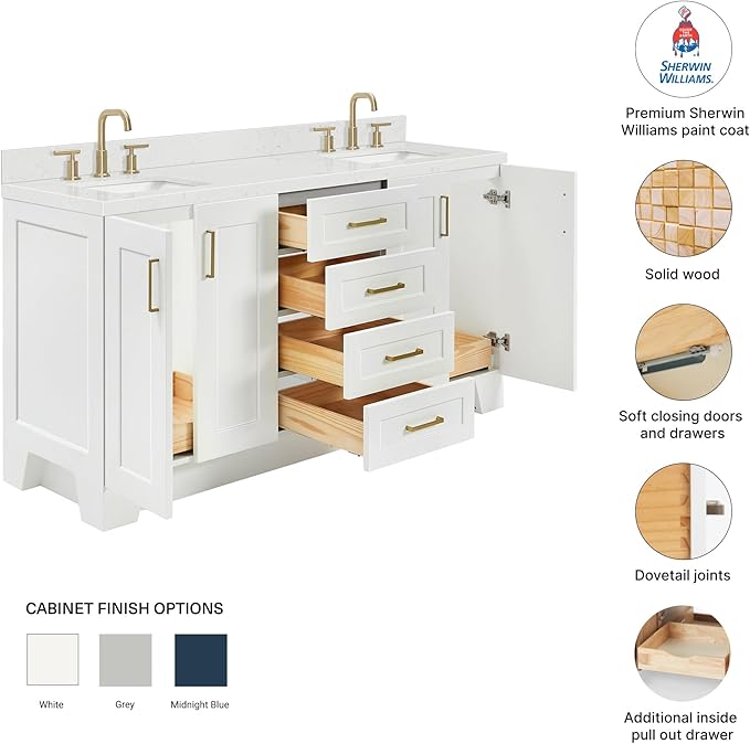DKB Emilia 66-Inch White Double Bathroom Vanity with Sink, 1.5-Inch Carrara Quartz Countertop & 4" Backsplash, Rectangular Sinks, 4 Soft-Closing Doors, 6 Dovetail Drawers, Toe Kick, Satin Brass