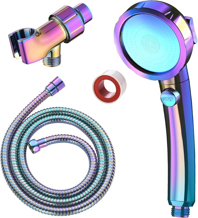 SINGSUO High Pressure Handheld Showerhead, On Off Switch (Radiant Rainbow) | Detachable Shower Head, 3 Spray Modes Shower Massager Handheld with Hose and Adjustable Angle Bracket