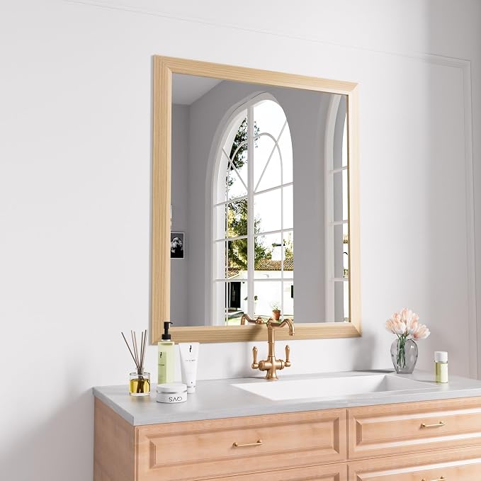 Bathroom Mirror, 30" X36" (Oak Wood Grain) | Metal Frame Mirror for Wall, HD Reflection, Anti-Rust, Horizontally/Vertically, Suitable for Bathroom, Farmhouse, Entryway