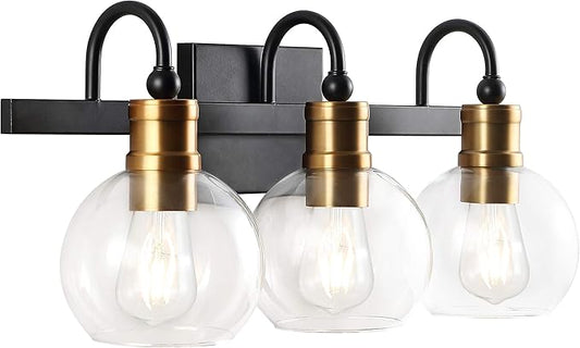 JONATHAN Y 21.5" Black/Brass Gold Vintage Wall Sconce, LED Vanity Light for Bathroom Bedroom Entryway, Clear Glass Globe Shade, Modern Industrial Arched Lamp, LED Bulb Included (JYL3528A)