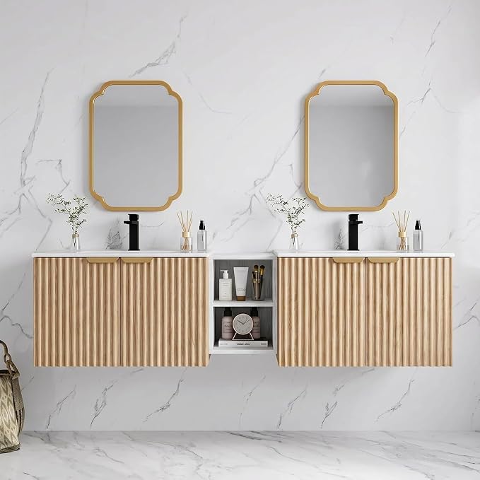 72 Inch Floating Bathroom Vanity with Double Sink, Bathroom Double Sink Cabinet with Soft Close Door Waterproof Storage, Wood Color(wt)