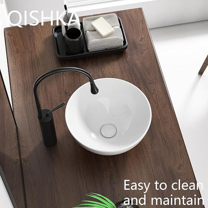 13 Inch Round Bathroom Bowl Sink Above Counter, QISHKA Small White Ceramic Vanity Vessel Sink - 13" x 13" Countertop Circle Art Basin for Space-Saving