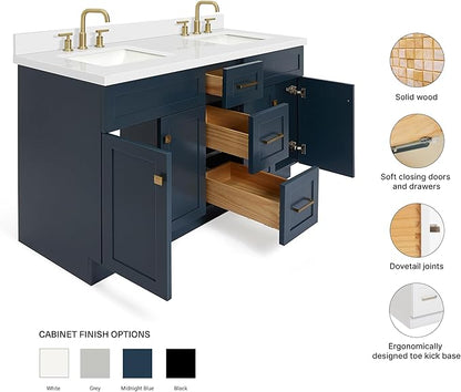 ARIEL Hamlet 60-inch Bathroom Vanity with Sink,Solid Wood, 1.5-inch Pure White Quartz Countertop, Double Rectangular Porcelain Sink, 4 Soft Closing Doors, 3 Dovetail Drawers, Midnight Blue