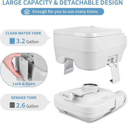 YITAHOME Portable Toilet, Camping Travel RV Potty, 2.6 Gallon Detachable Waste Tank, Double Water Spouts, Portable Toilet for Camping, Hiking, Hunting, Boating, Gray