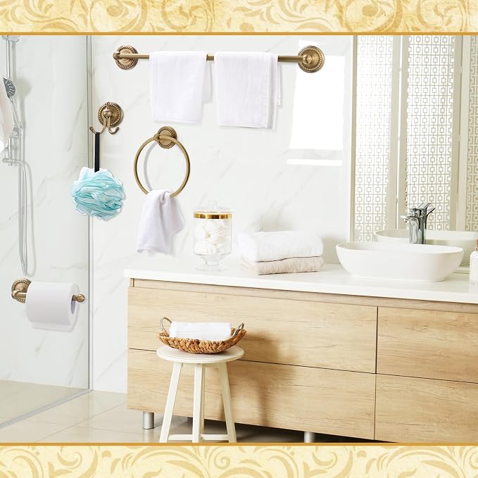 4 Pcs Antique Brass Gold Bathroom Accessories Set Wall-Mounted Adjustable Towel Rack & Round Towel Ring & Toilet Paper Holder & Robe Hook, Wall Mounted Brass Vintage Bath Hardware Set