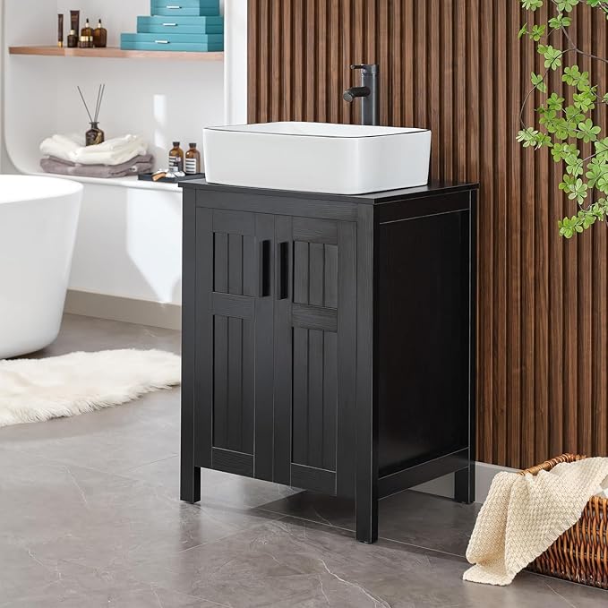 UEV Black 24" Bathroom Vanity with Sink Combo,Modern Freestanding Sink Cabinet,Stylish Bathroom Vanity Cabinet,Grooved Double Doors,Metal Handles,Modern Artistic Ceramic Vessel Sink Combo(031WH-NEW)