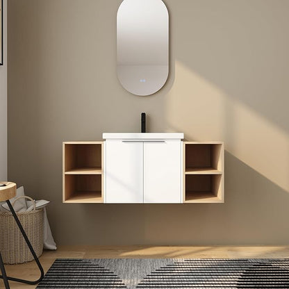 48 Inch Bathroom Vanity with Sink Combo, Wall-Mounted Bathroom Vanity with Soft Close Doors&2 Side Shelf,Modern Floating Bathroom Vanity with Top Basin & Storage Cabinet,White
