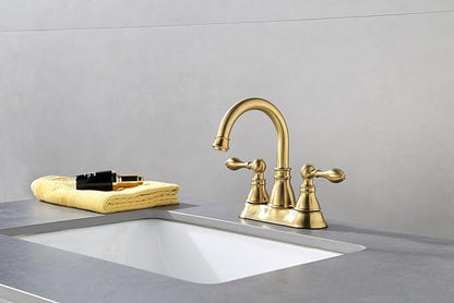 Two Handle Bathroom Sink Faucet 3 Hole with Overflow Pop up Drain, 360° Swivel Spout 4 Inch Centerset Lavatory Faucet Without Water Supply Lines,Brushed Gold,F-4501-CS