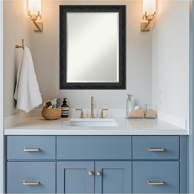 Amanti Art Black Bathroom Mirror for Over Sink, 28x22 Filigree Gloss Black Rectangle Vanity Mirror, Medium Traditional Frame, Hangs Horizonally and Vertically, Bathroom Wall Decor, Beveled Edge