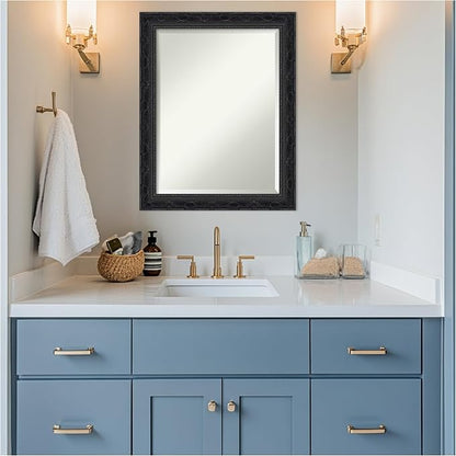 Amanti Art Black Bathroom Mirror for Over Sink, 28x22 Filigree Gloss Black Rectangle Vanity Mirror, Medium Traditional Frame, Hangs Horizonally and Vertically, Bathroom Wall Decor, Beveled Edge