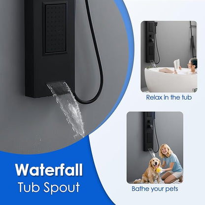 ROVOGO Led Shower Panel Tower System, Lighted Shower Head 2-Setting (Rainfall & Mist Mode), Large Body Jets, Handheld and Tub Spout, 50" Stainless Steel Shower Column with Mixer Valve, Black