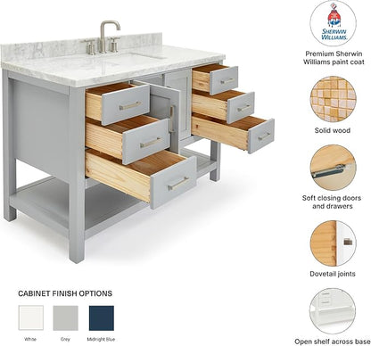 DKB Olivia 54" Grey Bathroom Vanity with Sink, 1.5" Edge Italian Carrara Marble Countertop, Rectangular Undermount Sink, 2 Soft Closing Doors, 6 Dovetail Drawers