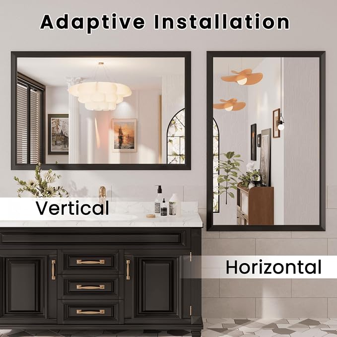 Bathroom Mirror Black, 60x40 Inch | Thick Metal Framed, HD Reflection, Anti-Rust, Hang Horizontally/Vertically, Suitable for Vanity, Bedroom, Bathroom, Entryway