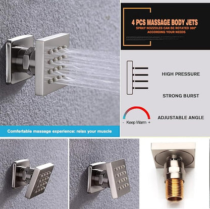 Full Body Shower System Concealed Shower Faucet Set with Body Massage Jets 10 Inch Shower Head Trim Kit 3 Function Wall Mount High Pressure for Bathroom