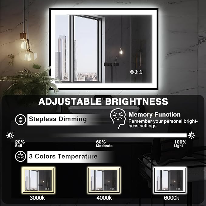 EchosLife 40x24 LED Bathroom Mirror - Black Aluminum Framed | Black Frame, Front and Backlit, Anti-Fog, Stepless Dimmable, 3 Colors, Memory, Tempered Glass, UL Listed, Horizontal/Vertical