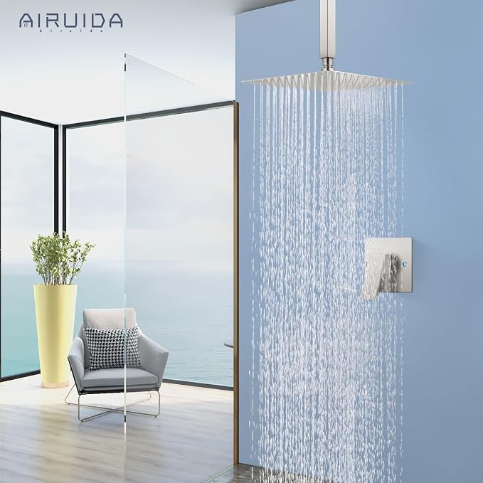 Airuida 10 Inch Brushed Nickel Shower Faucet Set,Rainfall Shower System | Ceiling Shower Head,Male Thread Rough-in Valve,Ceiling Mount,Single Handle