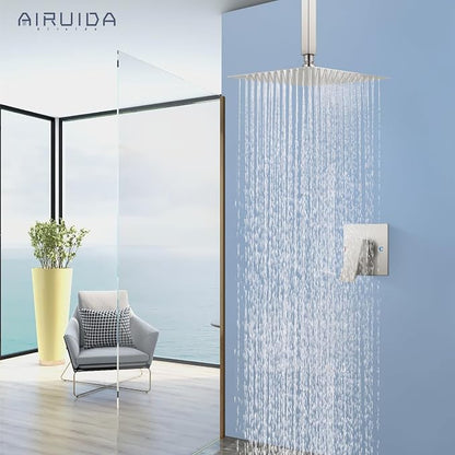 Airuida 10 Inch Brushed Nickel Shower Faucet Set,Rainfall Shower System | Ceiling Shower Head,Male Thread Rough-in Valve,Ceiling Mount,Single Handle