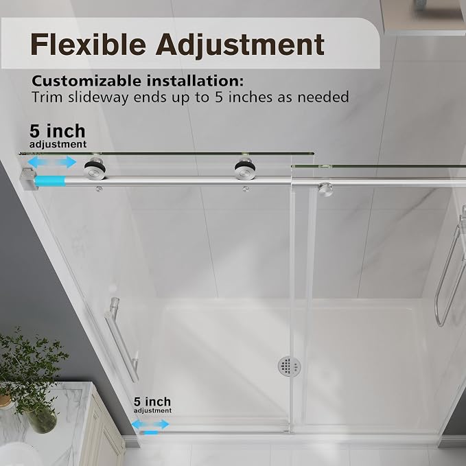49-54" W x 76" H Frameless Sliding Shower Doors Brushed Nickel | 1/4''(6mm) Tempered Glass,Explosion Proof Film,Nano Coating,Stainless Steel Hardware,Easy to Clean,Customizable Width