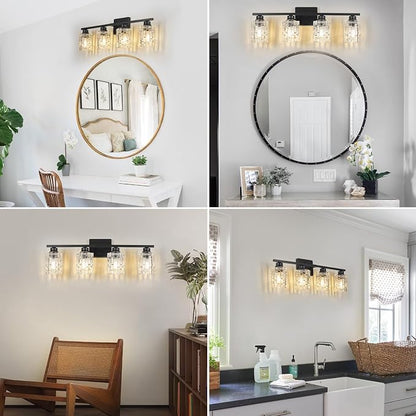 Refice 4-Light Bathroom Vanity Lights Crystal Glass, Black | Bathroom Light Fixtures Vanity Lighting Over Mirror for Living Room Farmhouse, Hallway