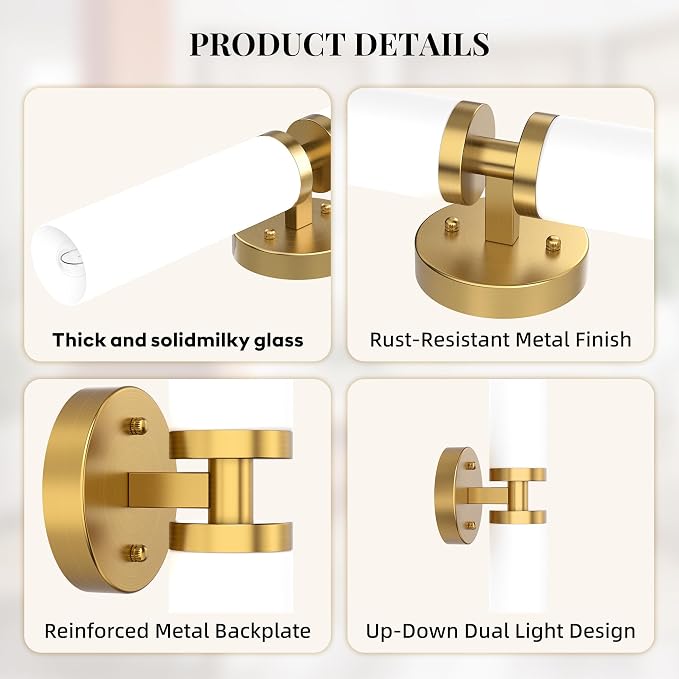 Wall Sconces Set of 2 Hardwired Bathroom Light Fixtures E26 Base | Brushed Gold, 22Inch, Modern Vanity Wall Lighting with Milky White Glass Shade, for Mirror Bedroom Living Room Hallway