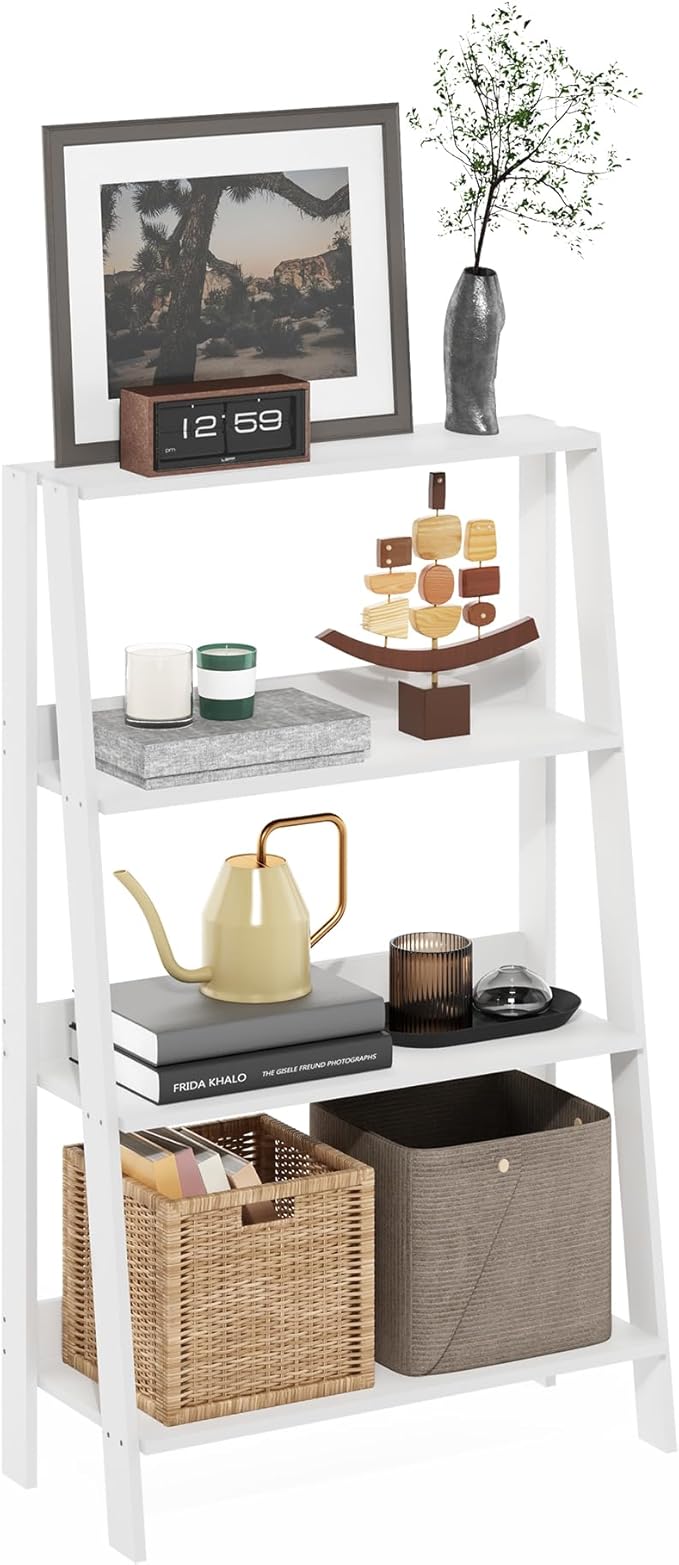 Furinno Ladder Book Shelf, 4-Tier Ladder Shelf, Open Design Bookshelf, Display Storage Bookcase, 10.9" x 23.6" x 38.4", Living Room, Home Office, White