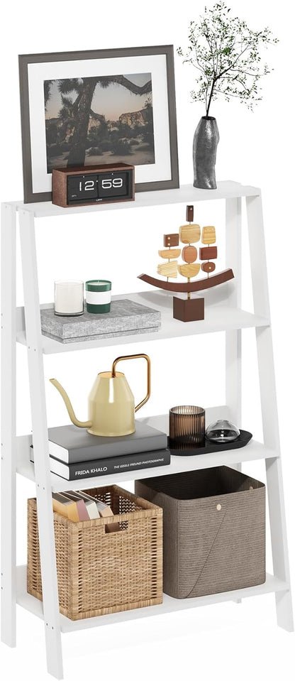 Furinno Ladder Book Shelf, 4-Tier Ladder Shelf, Open Design Bookshelf, Display Storage Bookcase, 10.9" x 23.6" x 38.4", Living Room, Home Office, White