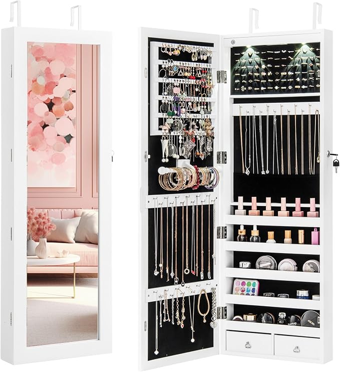 Giantex Jewelry Armoire Wall Door Mounted, Lockable Jewelry Cabinet with 42.5'' Full Length Mirror, 2 LEDs Jewelry Organizer Box with 2 Drawers, Mirror with Jewelry Storage (White)
