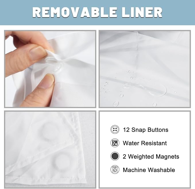 Black White No Hook Shower Curtain with Liner, 71 x 77 Inch | Stripe Pattern,Waterproof,Quick Dry,Mesh Top Window,Bottom Magnets,Hotel Style,Machine Washable,Modern,for Bathroom