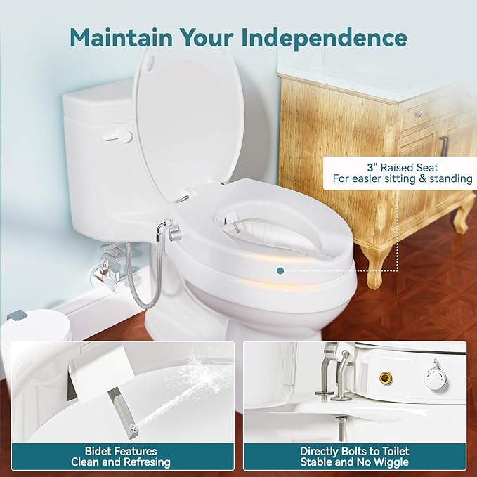 3" Raised Toilet Seat with Bidet - Non-Electric Bidet with Dual Nozzles - Elevated Toilet Risers for Seniors & Limited Mobility - Easy Install & Clean (Elongated)