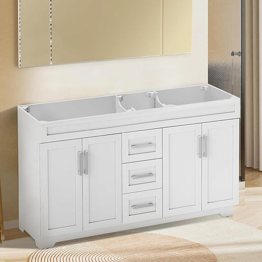 60 Inch Bathroom Vanity Without Sink, Modern Solid Wood Bathroom Storage Vanity with 4 Soft Closing Doors & 3 Full Extension Drawers,Quick Assemble Cabinet in White